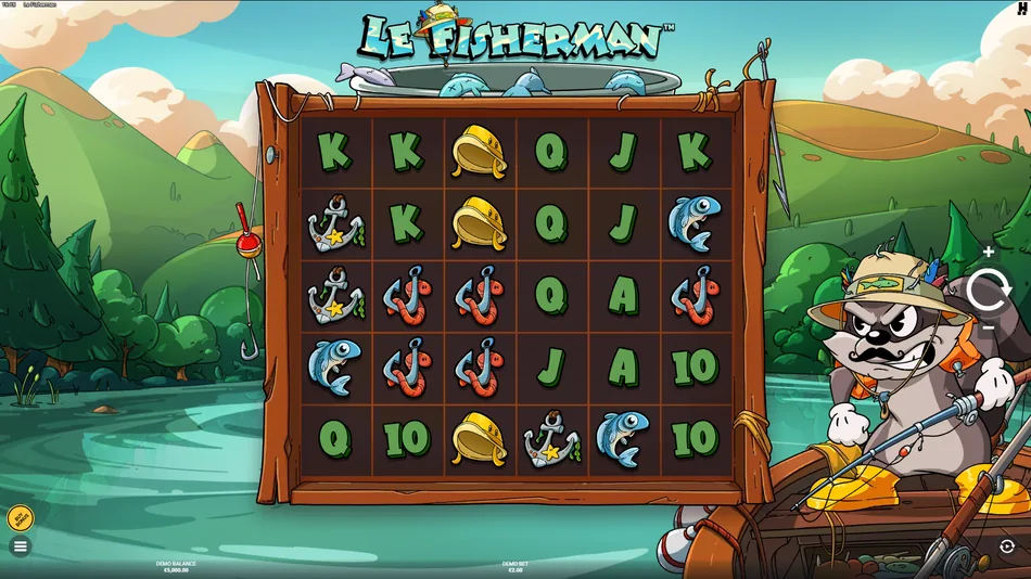 Le Fisherman 6x5 grid with Fish, Anchor and Rain Hat symbols above the lake
