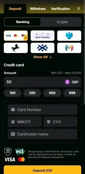 Deposit interface showing PayPal Visa Apple Pay