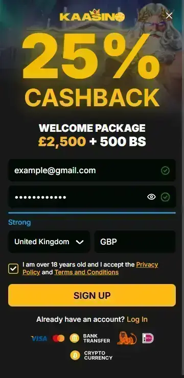Registration form for playing the slot